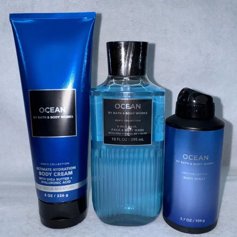 NWT Bath & Body Works 3 pc Men’s Ocean (10oz 3-in1 Wash, 8oz Cream, 3.7oz Spray)